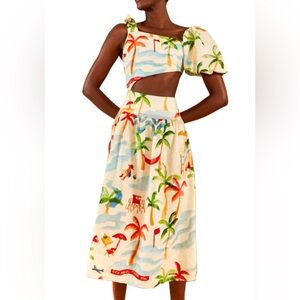 FARM Rio NWT Asymmetrical Cutout Linen-Blend Copacabana Midi Dress